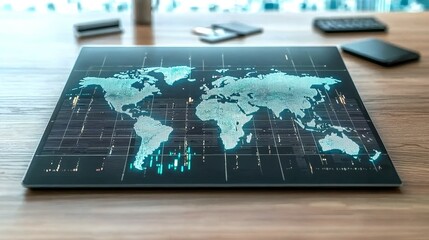 Global and Economic concept. Digital world map on a tablet, showcasing interconnected data lines and modern technology.