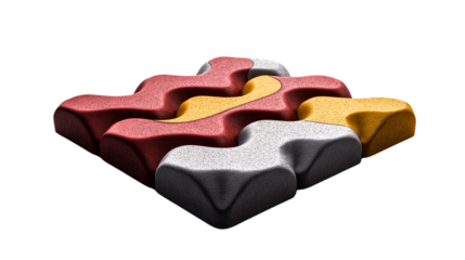 An isolated shot of a damru-shaped interlocking paving block in red, yellow, and grey color