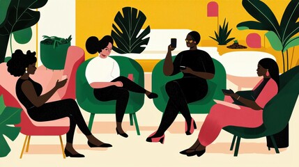 A group of women in stylish clothing are gathered in a modern living room, engaged in various activities.