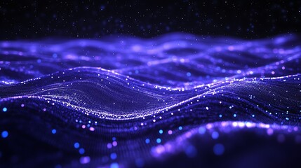 Digital particles form a wave with a purple and blue color scheme