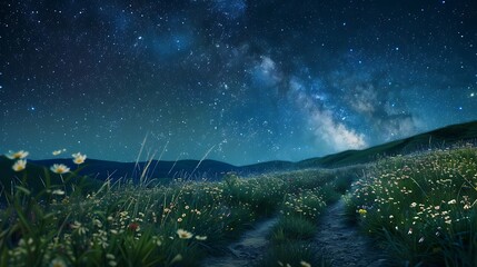 Beautiful Blue Skies with Nature, Bright Moon ,Cloud ,Beach scenery, Tree, night -Anime concept Background