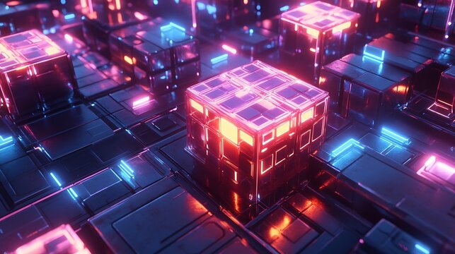 Cubes and structures with glowing neon lighting create a pattern