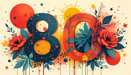 Eighty Floral Number Design with Sun and Stars