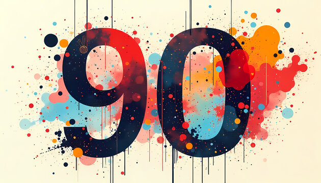 Abstract Number Ninety in Vibrant Watercolor Splashes
