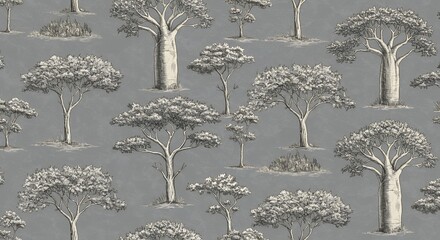 Repeating pattern features sketches of trees against a grey background