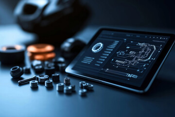 Digital workspace with engineering diagrams and mechanical components at night