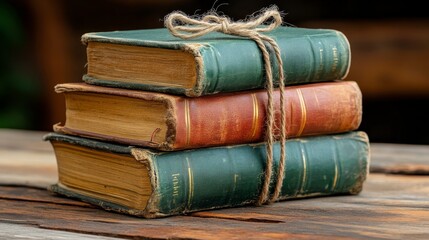 Antique Books Stacked on Rustic Wood