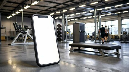 smartphone mockup with blank screen in gym
