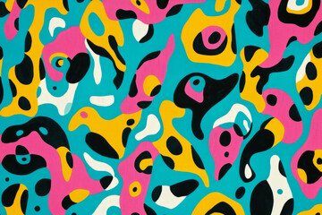 A retro inspired Memphis style pattern with quirky, irregular shapes in bright, playful hues of turquoise, pink, and yellow. The energetic arrangement gives it a fun, nostalgic vibe.