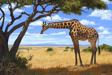 Obraz premium Illustration of a giraffe grazing on the treetops of the savanna, with its long neck reaching toward the branches. The golden plains and blue skies add to the grandeur of this majestic African