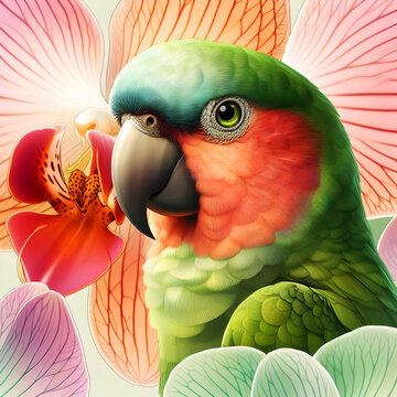 green-reddish parrot art posing against an enormous striped orchid petals digitalart