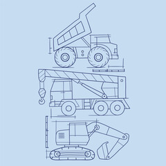 Hand drawn vector construction truck blueprint illustration. Heavy vehicle sketch design. EPS10 vector file.	