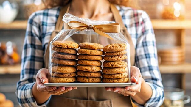 Young woman holding a tray of freshly baked cookies packaged in a transparent plastic bag with a golden ribbon, in a cozy kitchen setting, perfect for a bakery or food-themed project