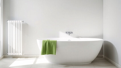 Modern Minimalist Bathroom With Freestanding Bathtub In White And Sage Green