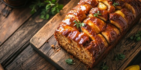 Fototapeta premium Decadent Banana Bread with Caramelized Apples on Rustic Wooden Board