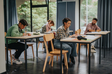 A group of students thoughtfully participating in classroom tasks, fostering collaboration and learning in a bright educational environment.