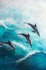 Naklejka premium A pod of dolphins leaping through turquoise waves, their sleek bodies glistening in the sunlight. Water droplets sparkle in the air as they break the surface.