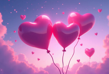 Three pink heart shaped balloons floating in the sky