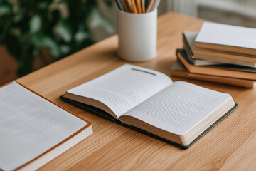Fototapeta premium Open book on a wooden desk surrounded by notebooks and stationery in a quiet workspace