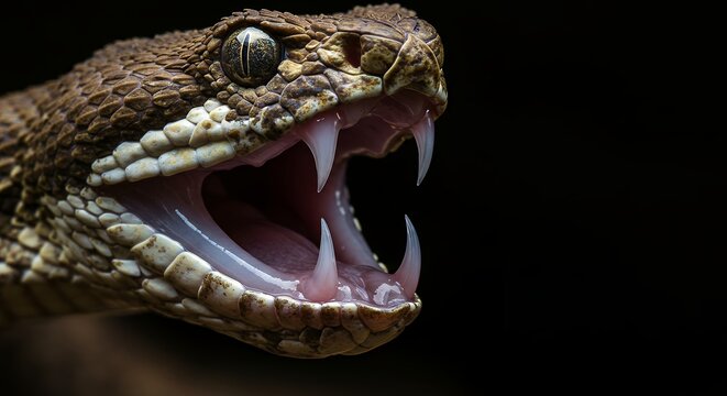 Rattlesnake with open mouth showing its fangs in detail