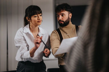 Two professionals exchanging ideas in a business discussion. They communicate effectively while looking at documents.
