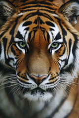 Fototapeta premium A highly detailed, close up portrait of a Bengal tiger staring directly at the viewer. The golden orange fur contrasts sharply with the bold black stripes, and the intensity of its piercing green eyes