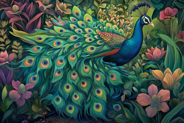 A proud peacock with its colorful feathers fully fanned out, displaying a mesmerizing array of blues, greens, and golds. The vibrant bird stands in a lush garden surrounded by blooming flowers.