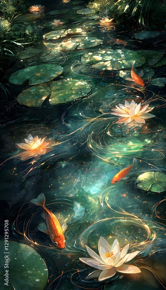 Aufkleber a dreamlike river where glowing lily pads float, and radiant fish create trails of light as they swi