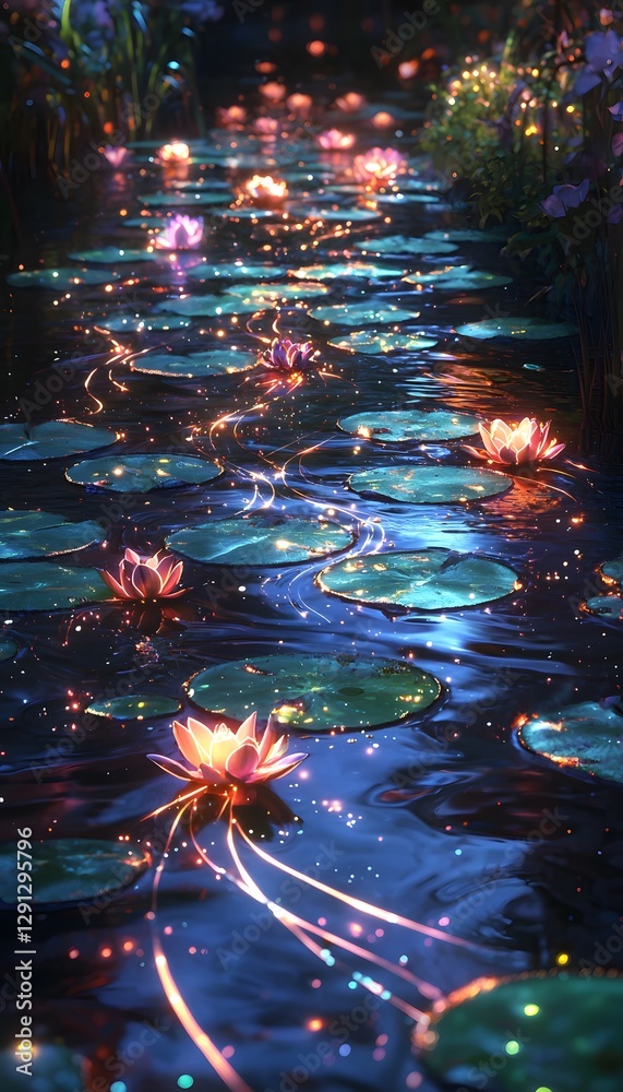 Aufkleber a dreamlike river where glowing lily pads float, and radiant fish create trails of light as they swi