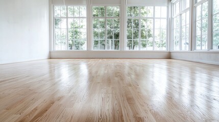 Obraz premium Bright room, hardwood floor, large windows, trees outside, ideal for real estate