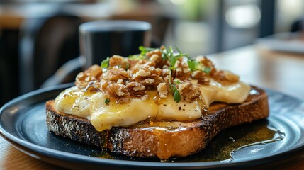 French-inspired beans on toast, topped with creamy brie, honey drizzle, and walnuts, with a Parisian caf&eacute; background blur effect