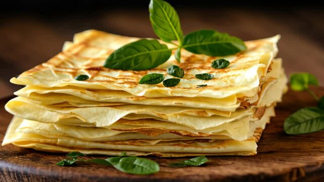 Delicious stack of freshly made crepes garnished with mint leaves on a wooden surface