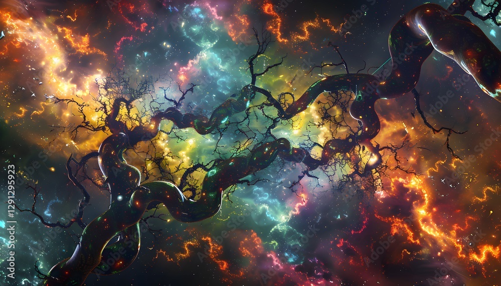 Poster A surreal forest where glowing vines connect radiant trees, forming abstract patterns of light under a vibrant cosmic sky