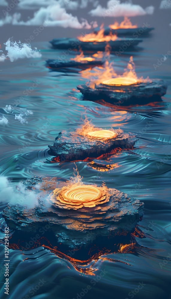 Poster A surreal ocean where glowing islands float mid-air, with radiant waves forming abstract patterns beneath them
