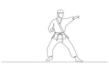 Professional taekwondo player one-line drawing. Man playing taekwondo outline vector isolated on white background.	
