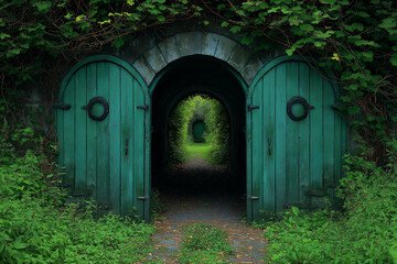 serene forest path lined with green doors instead of trees, creating whimsical atmosphere. lush greenery and archways invite exploration and curiosity