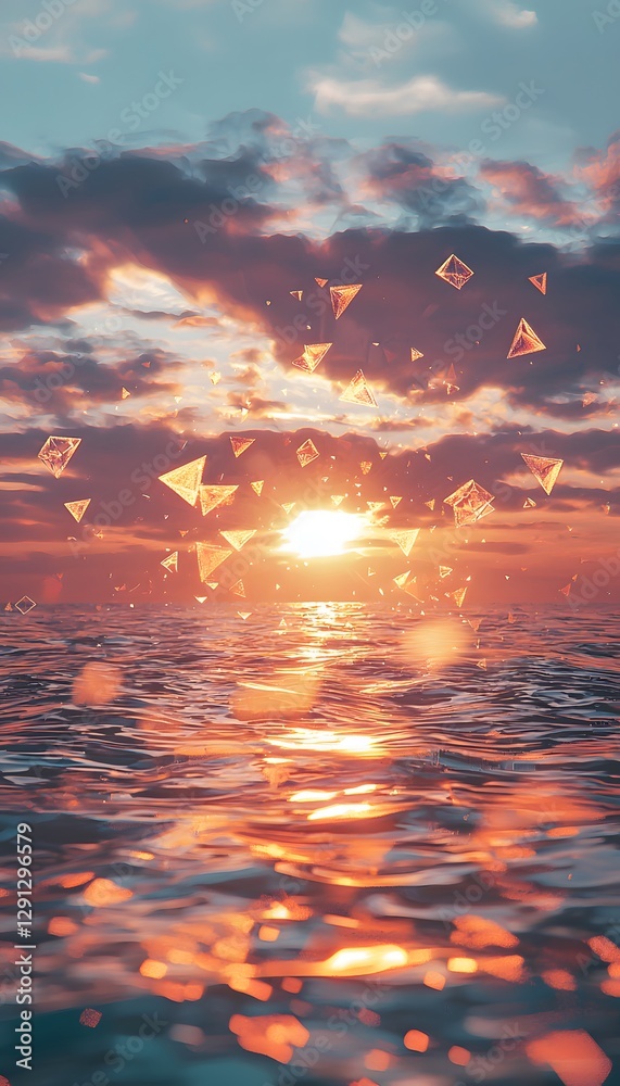 Poster a conceptual sunset where the sun radiates glowing geometric shapes, casting surreal patterns on the