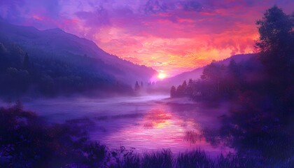Obraz premium A serene valley filled with glowing mist that reflects the radiant colors of a surreal twilight