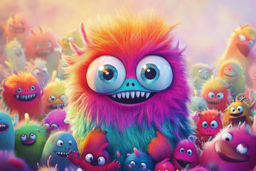 Fototapeta premium Illustration of a happy little monster with colorful fur and big eyes, surrounded by friendly, smiling creatures. The playful, fun design and bright colors create a joyful, child friendly atmosphere.