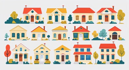 Obraz premium Set bundle of cream colonial house minimalist childish style illustration on plain white background