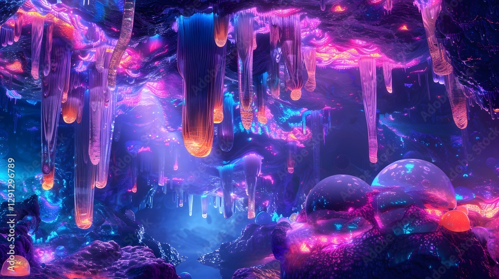 Poster a surreal cave system where glowing stalactites drip radiant liquid that illuminates the walls with 