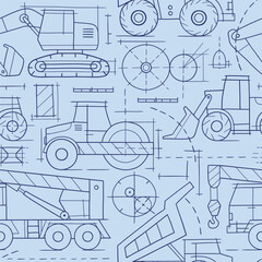Seamless pattern with and drawn vector construction truck blueprint. Heavy vehicle sketch design. EPS10 vector file.	