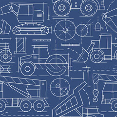 Seamless pattern with and drawn vector construction truck blueprint. Heavy vehicle sketch design. EPS10 vector file.	
