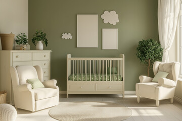 A minimalist scandi-style children's bedroom with green walls, empty vertical photo frames, and a cozy bed, ideal for creating personalized posters or artwork. Mockup.