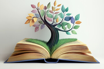 creative illustration of book with tree growing from its pages, symbolizing knowledge and growth. colorful leaves and grass add vibrant touch to design
