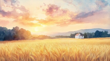 Fototapeta premium A serene sunset over a golden wheat field with a charming white house, creating a peaceful rural atmosphere.