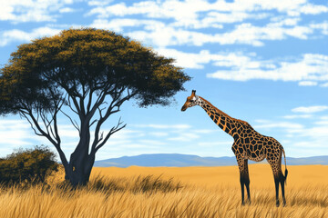 Fototapeta premium Illustration of a giraffe grazing on the treetops of the savanna, with its long neck reaching toward the branches. The golden plains and blue skies add to the grandeur of this majestic African