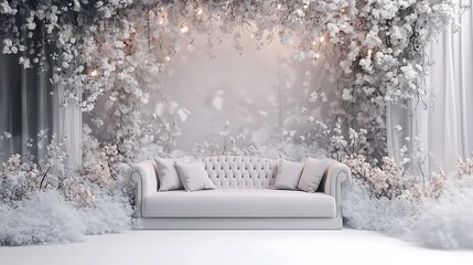 Fototapeta premium A white sofa is surrounded by white flowers and lights
