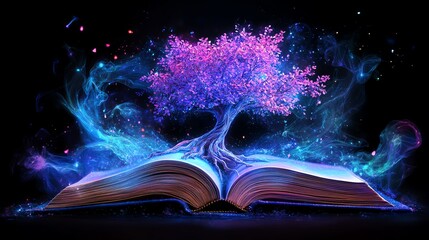 Obraz premium Open book with a tree growing from the pages, blending education and nature in a vibrant color scheme, symbolizing imagination, knowledge, and creativity flourishing