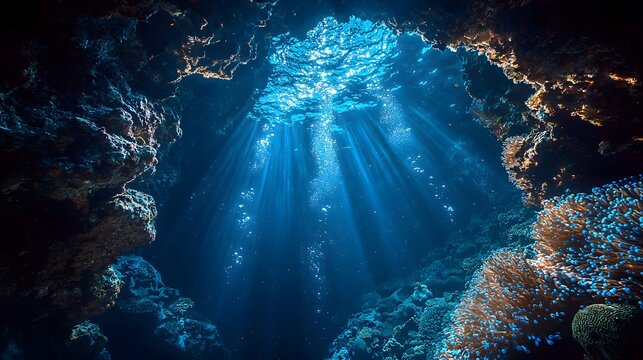 A surreal underwater cave illuminated by glowing coral formations and radiant sea creatures that pulse with light